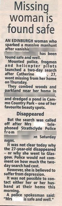 Newspaper cutting headlined "Missing woman is found safe". Some personal details are blurred.
